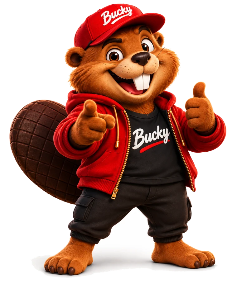 Bucky the beaver, our mascot, pointing at you with a thumbs up